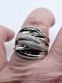Echt zilveren ring met zirkonia, breed fantasie model maat 17.5