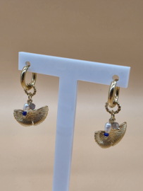 Creolen met bedeltjes ginkgo, zoetwaterparel, natuurlijke stenen