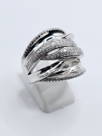 Echt zilveren ring met zirkonia, breed fantasie model maat 17.5
