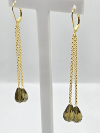 Echt zilveren oorbellen met smoky kwarts in goud plating