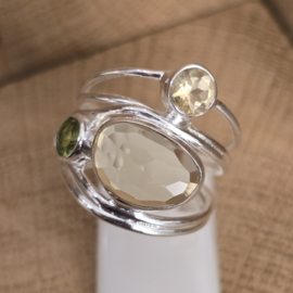 Echt zilveren  ring met Citrien en Peridoot, maat 17.5