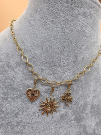 Stainless steel collier, ovaal  schakels bewerkt en glad, 39 plus 7 cm.