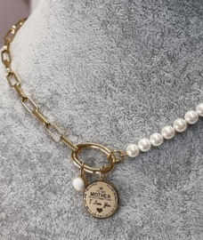 Ixxxi Moederdag collier chain/pearls met 2 Charms.  Goud.