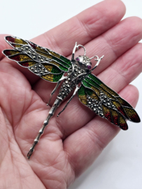 925 zilveren broche, met Robijn en Smaragd. Libelle, oranje, groen. mega Groot      Groot