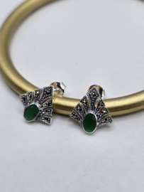 Prachtige echt zilveren oorbellen met Marcasiet en groene  onyx