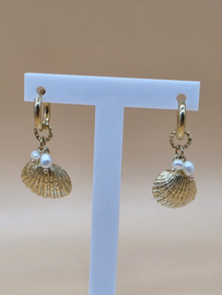 Creolen met schelp en zoetwater parels stainless steel