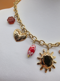 collier met zon, klaver, hart, vogel, bloem, geglazuurd keramiek, hars