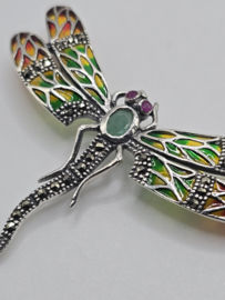925 zilveren broche, met Robijn en Smaragd. Libelle, oranje, groen. Groot