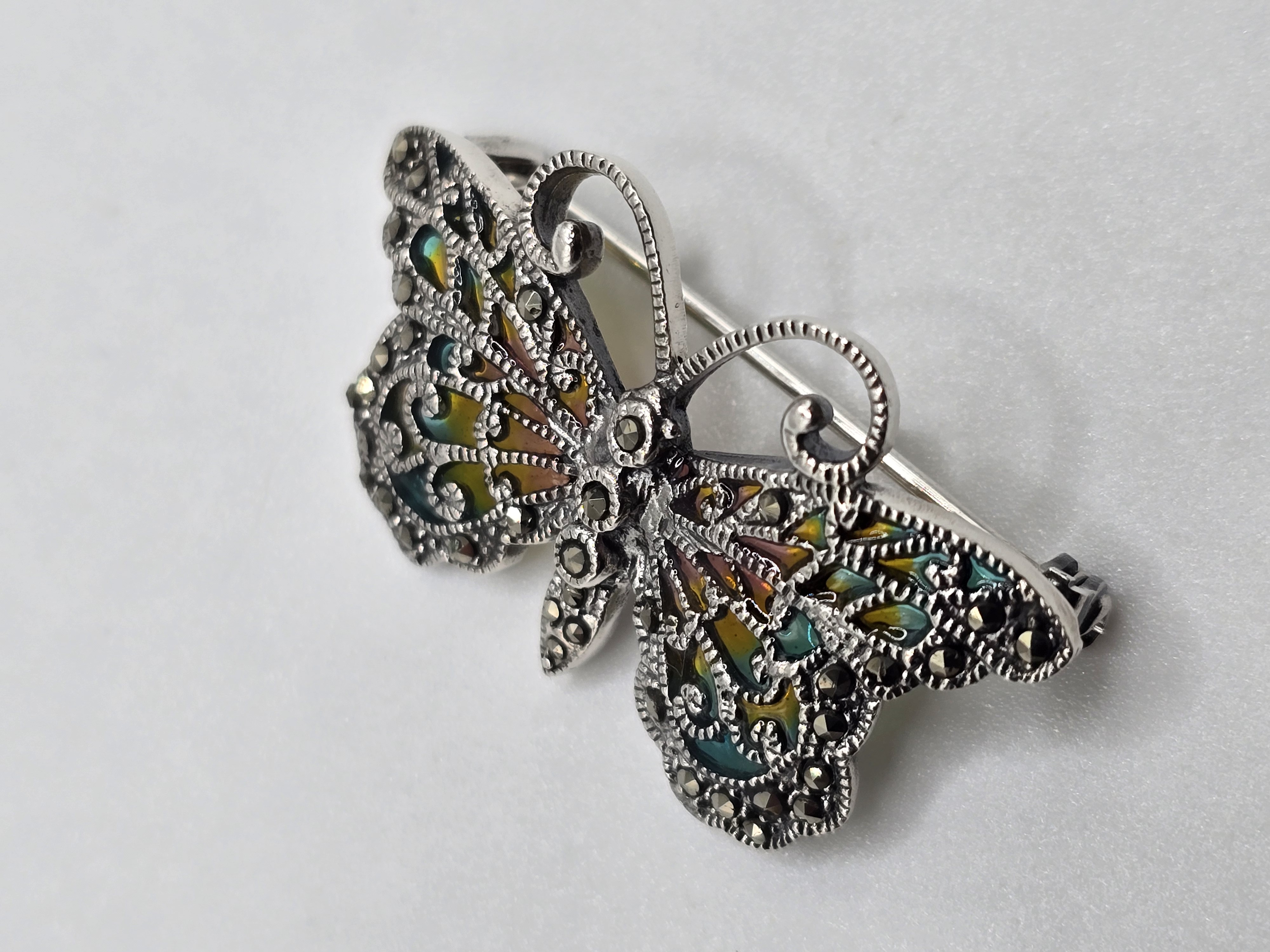 925 zilveren broche, met Marcasiet en glas emaille
