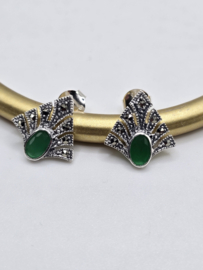 Prachtige echt zilveren oorbellen met Marcasiet en groene  onyx