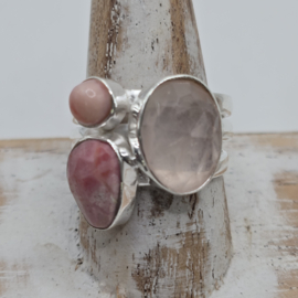 Prachtige echt zilveren ring Rozenkwarts en Rhodochrosiet. Maat 18.5.