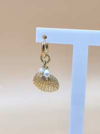 Creolen met schelp en zoetwater parels stainless steel