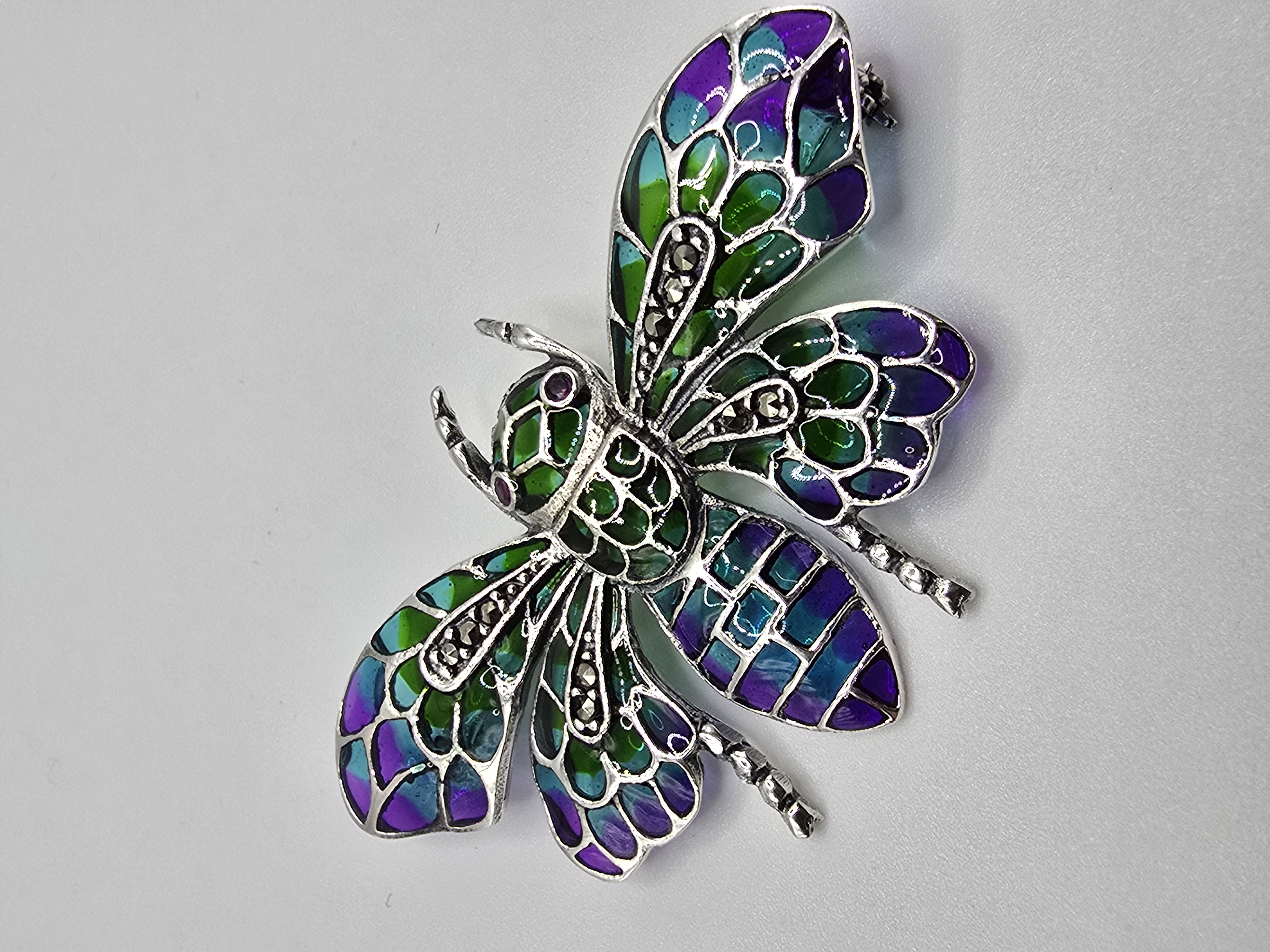 925 zilveren broche, met Robijn en marcasiet