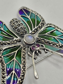 925 zilveren broche, met Robijn en Maansteen