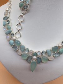 Schitterend 925 zilveren sieraden set, zeegroen tinten.
