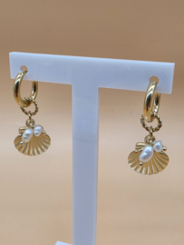 Creolen met bedeltjes schelp, zoetwaterparels