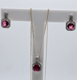 Echt zilveren set, zirkonia, silver/fuchsia. MDZ3