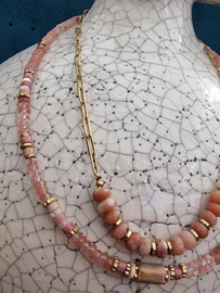 Schakelketting met stenen kralen Pink & Gold Stainless Steel