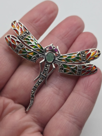 925 zilveren broche, met Robijn en Smaragd. Libelle, oranje, groen. Groot
