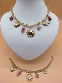 Armband met zon, klaver, hart, vogel, bloem, geglazuurd keramiek, hars