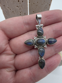 Echt zilveren ketting hanger met Labradoriet, kruis