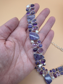 Schitterend 925 zilveren sieraden set, paars tinten.