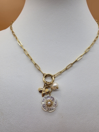 Nhala-ketting - mesh met ovale en ronde ringen en hangers (parel bloem, vlinder en zoetwaterparel)