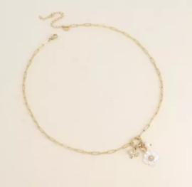 Nhala-ketting - mesh met ovale en ronde ringen en hangers (parel bloem, vlinder en zoetwaterparel)