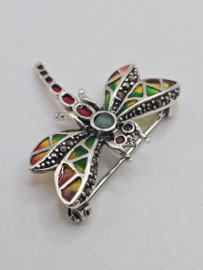 925 zilveren broche, met Robijn en Smaragd. Libelle, oranje, groen.