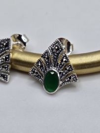 Prachtige echt zilveren oorbellen met Marcasiet en groene  onyx