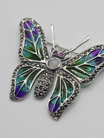 925 zilveren broche, met Robijn en Maansteen
