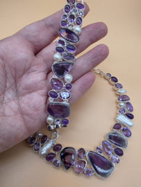 Schitterend 925 zilveren sieraden set, paars tinten.