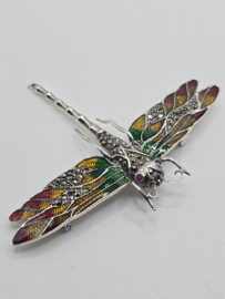 925 zilveren broche, met Robijn en Smaragd. Libelle, oranje, groen. mega Groot      Groot