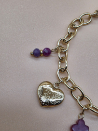 Armband met zon, bloem, hart, natuursteentjes.