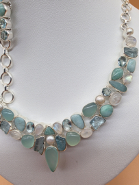 Schitterend 925 zilveren sieraden set, zeegroen tinten.