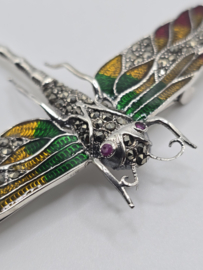 925 zilveren broche, met Robijn en Smaragd. Libelle, oranje, groen. mega Groot      Groot