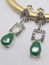 Prachtige echt zilveren oorbellen met Marcasiet en groene  onyx