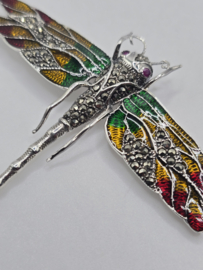 925 zilveren broche, met Robijn en Smaragd. Libelle, oranje, groen. mega Groot      Groot