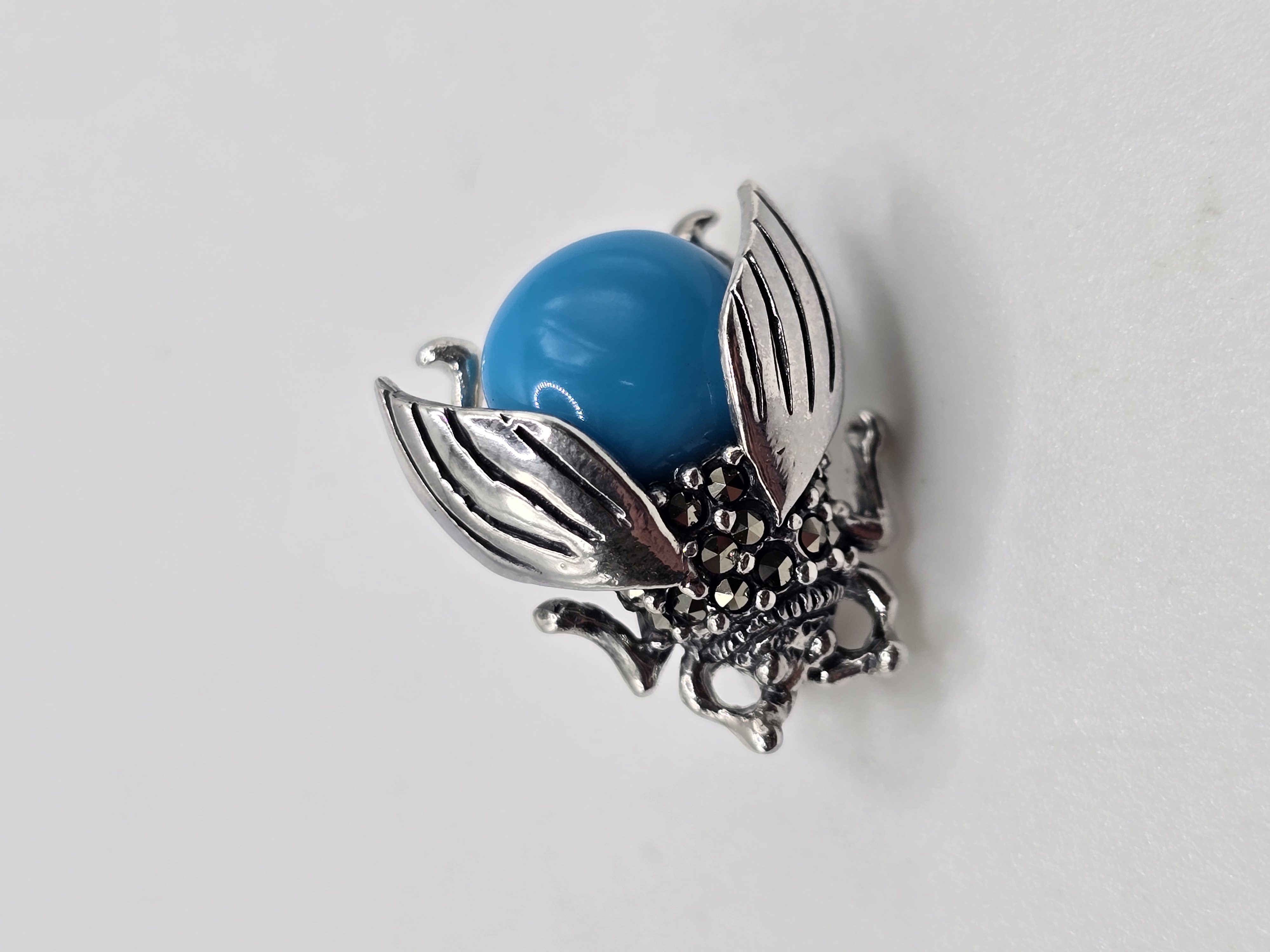 925 zilveren broche, met Marcasiet en Turkoois
