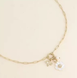 Nhala-ketting - mesh met ovale en ronde ringen en hangers (parel bloem, vlinder en zoetwaterparel)