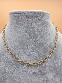 Stainless steel collier, ovaal  schakels bewerkt. 40 plus 7 cm.