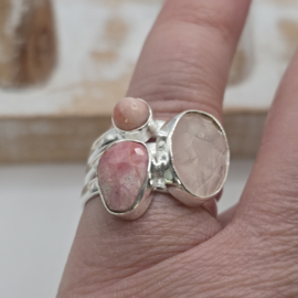 Prachtige echt zilveren ring Rozenkwarts en Rhodochrosiet. Maat 18.5.