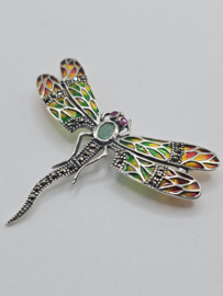 925 zilveren broche, met Robijn en Smaragd. Libelle, oranje, groen. Groot