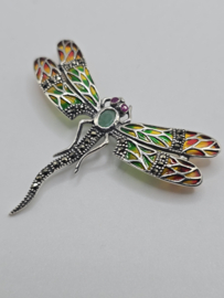 925 zilveren broche, met Robijn en Smaragd. Libelle, oranje, groen. Groot