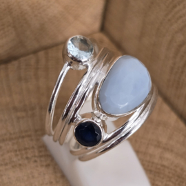 Echt zilveren ring met Blauwe agaat, saffier en Topaas, maat 19