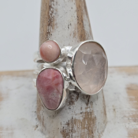Prachtige echt zilveren ring Rozenkwarts en Rhodochrosiet. Maat 18.5.