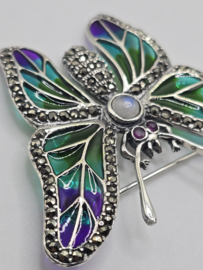 925 zilveren broche, met Robijn en Maansteen