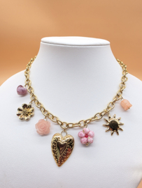 collier met  harsbloemen, keramiek, zon, hart