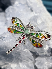 925 zilveren broche, met Robijn en Smaragd. Libelle, oranje, groen.