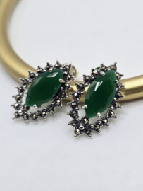 Prachtige echt zilveren oorbellen met Marcasiet en groene  onyx